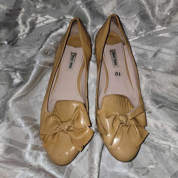 MIU MIU BALLET SOFT LEATHER BALLERINA STYLE FLATS BOW RHINSTONE HEEL ACCENT 10 - Picture 4 of 6